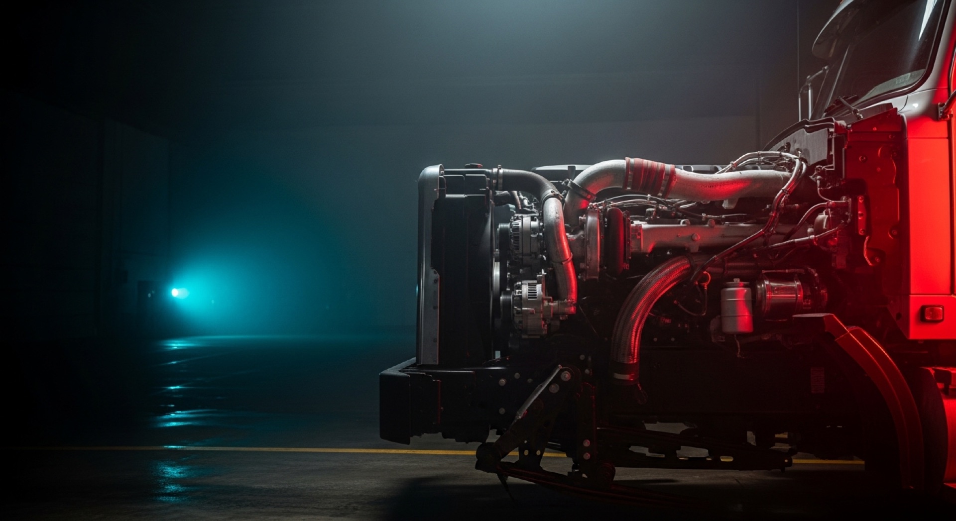 Heavy-duty diesel engine under dramatic light in a service bay
