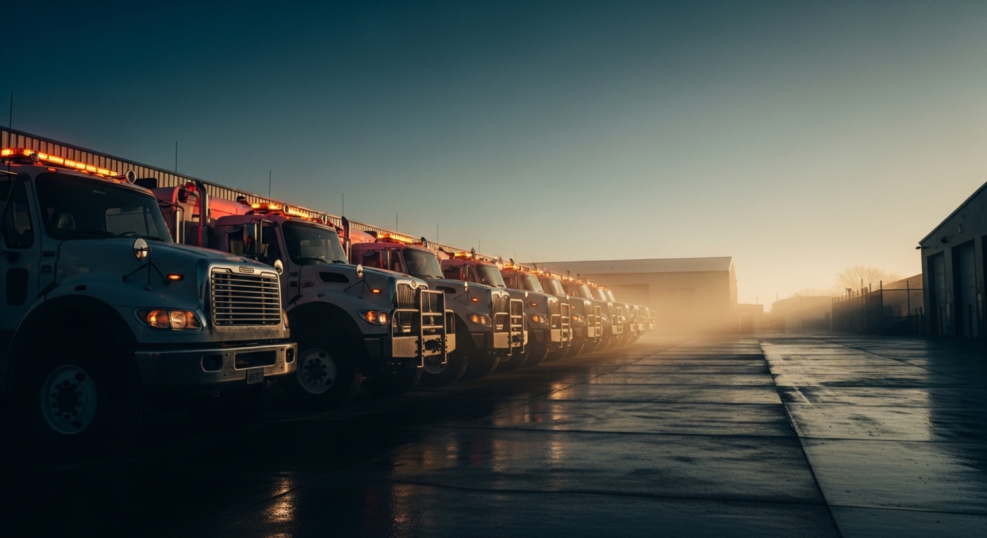 Row of mobile diesel service trucks in a depot yard at dawn, ready to dispatch