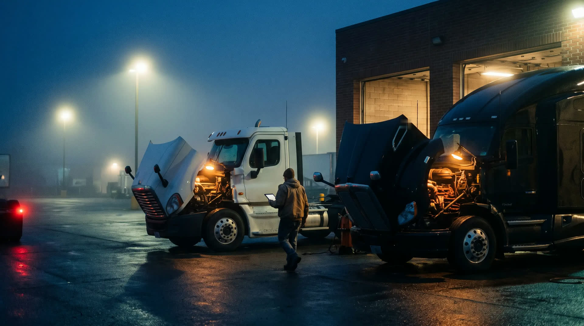 Two semi tractors with their hoods tilted open for preventive maintenance outside a truck shop at dusk, a technician with a tablet walking between them