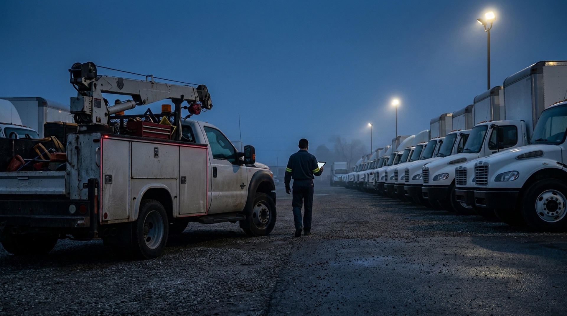 A mobile diesel service truck parked beside a row of fleet trucks in a yard at dusk