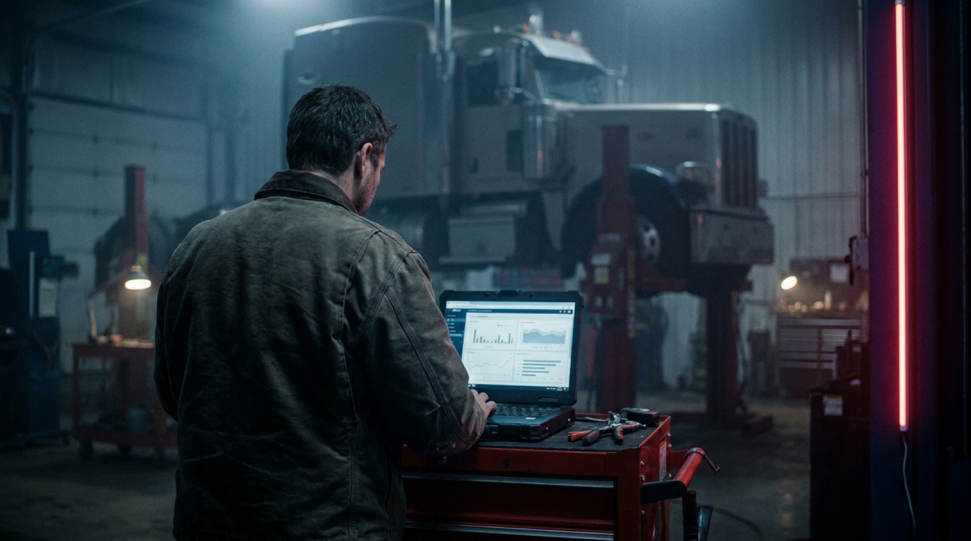 A mobile diesel mechanic reviewing a service performance dashboard on a laptop in a truck bay at night
