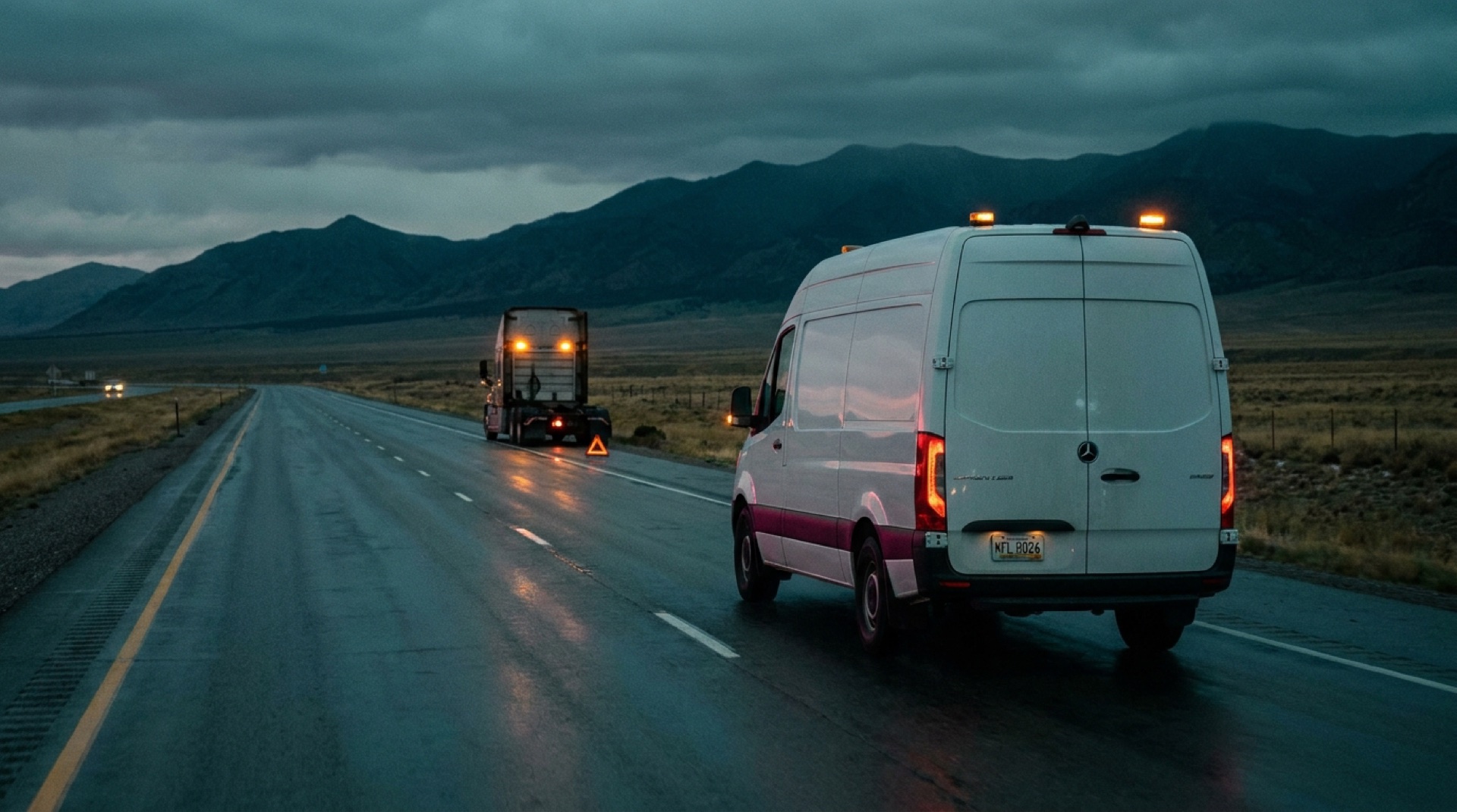 Mobile diesel service truck on an open rural highway at dusk, heading toward a broken-down semi