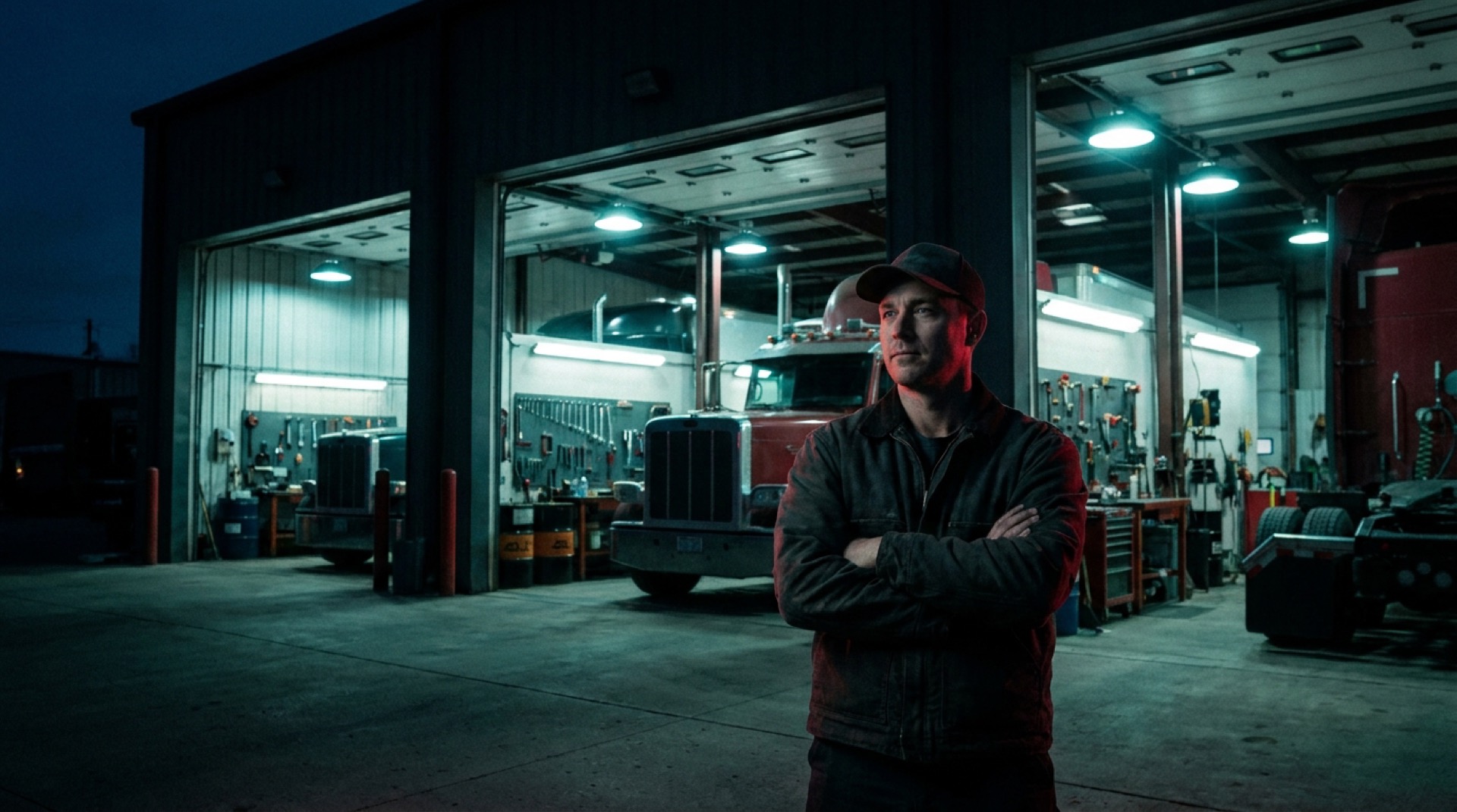 A diesel shop owner surveying his organized repair bay at dusk