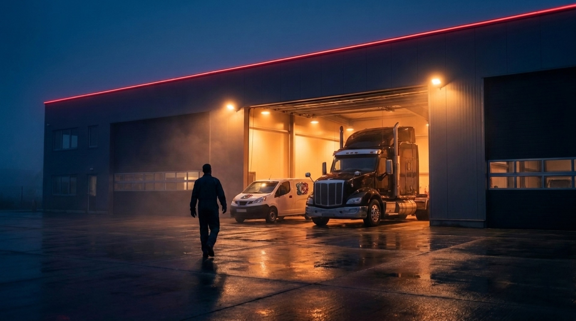 A mobile diesel repair facility at dusk with a service van and a Class 8 truck