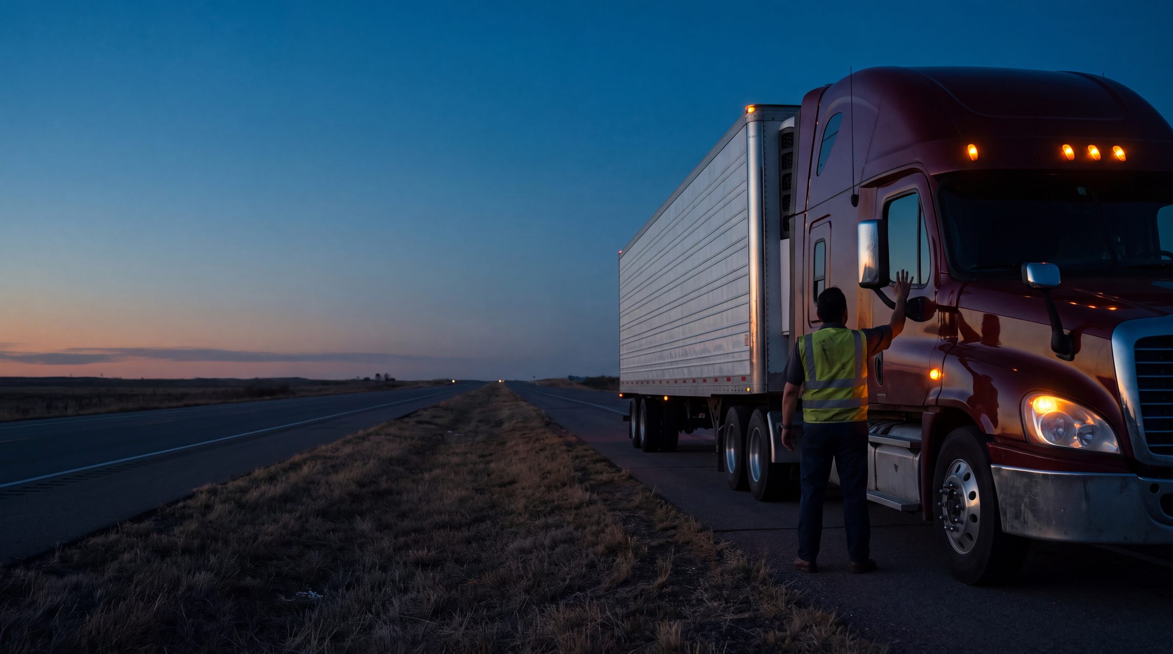 A mobile diesel tech, seen from behind, at the door of a semi at dusk