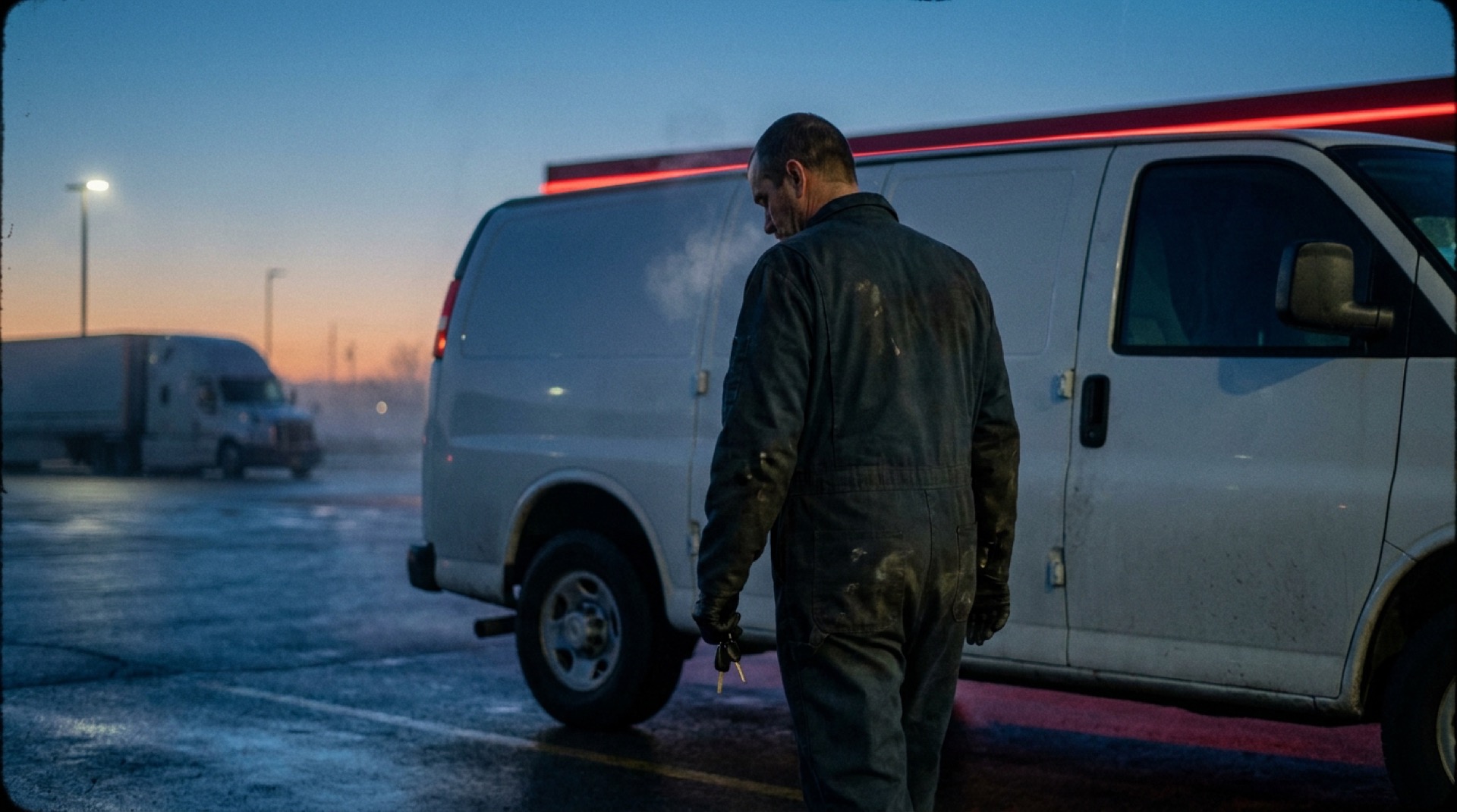 A clean mobile diesel service van at dawn, rear doors open on an organized rack of tools, ready for the first job