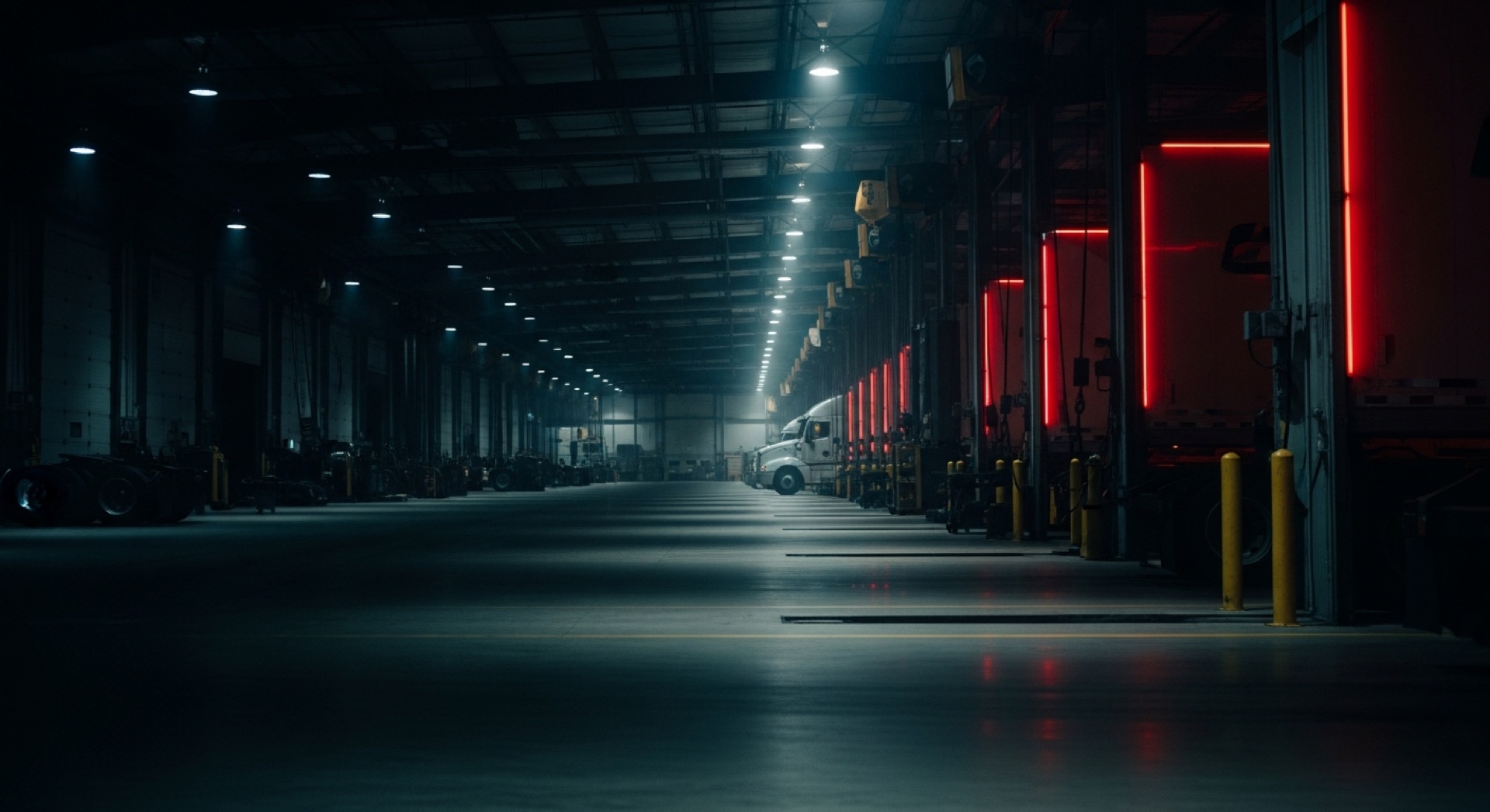 Heavy-duty diesel engine under dramatic light in a service bay