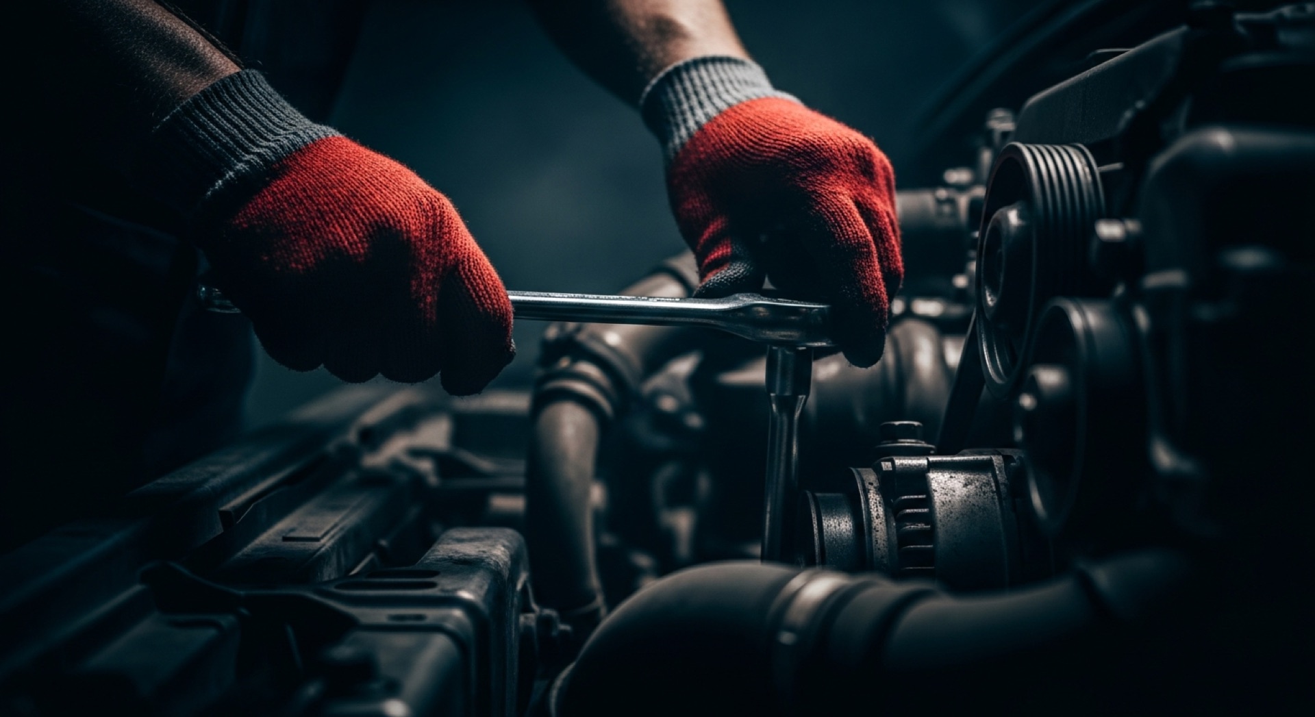 Close-up of a diesel technician's gloved hands working on an engine