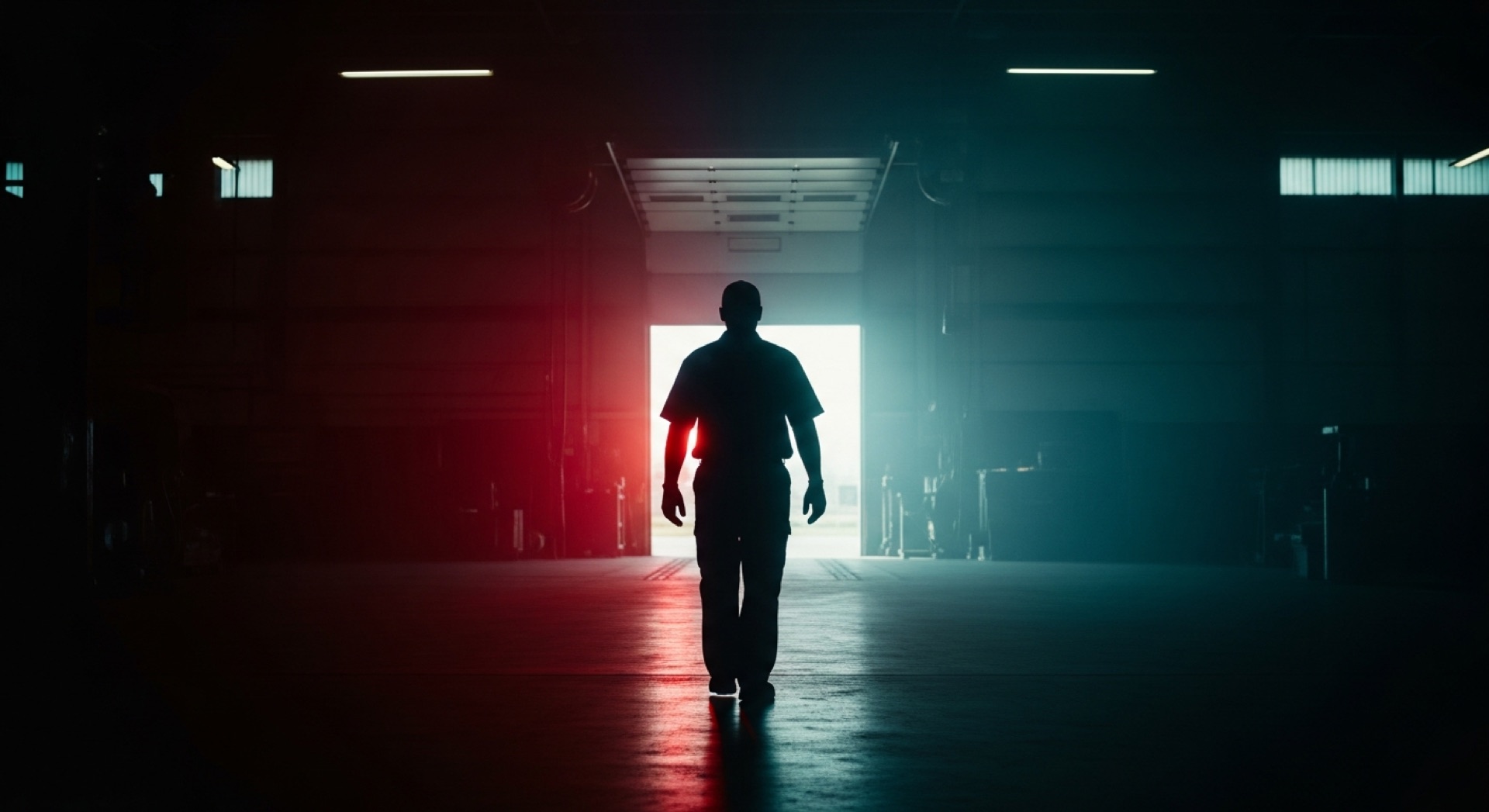A diesel technician silhouetted in a shop doorway
